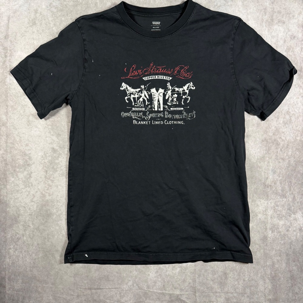 Levis Men Relaxed Fit Graphic T-Shirt Medium Black Two Horse Logo Cotton Western